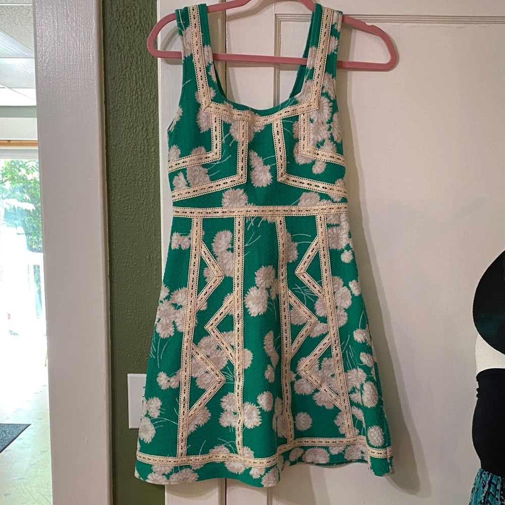 Anthropology Maeve Green Floral Lace-Trim Dress